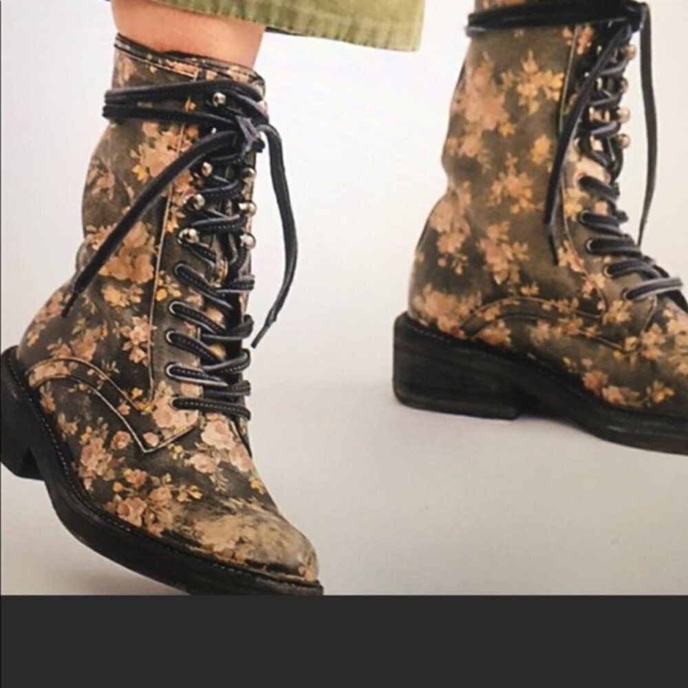 Free People Floral Lace-Up Combat Boots in Olive and Tan